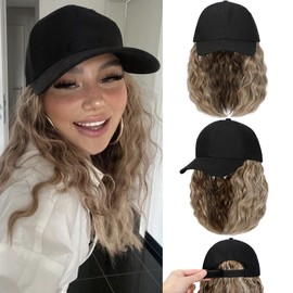 Qlenkay Baseball Cap Hair with 14 inch Wave Curly Bob Hairstyle Adjustable Wig Hat Attached Short Extensions Synthetic for Women Mid Brown Mix Blonde