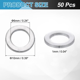 uxcell 50 Pcs Aluminum Flat Washer, 6 x 10 x 1mm Round Seal Gaskets Flat Spacers for Screws Bolts Machinery Repair Accessories, Outdoor Construction, Silver Tone