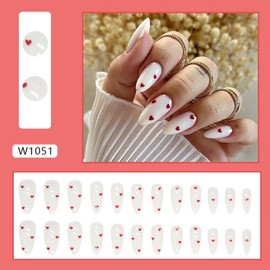 Valentines Press on Nails Medium Almond Fake Nails With Red Love Heart Designs White False Nails Glossy Full Cover Stick on Nails Acrylic Romantic Artificial Nails for Women 24 Pcs