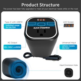FAMIDGE 200W Car Power Inverter, Car Inverter 12v to 110v, Car Outlet Adapter with Dual USB and Type-C, Car Outlet Adapter for Plug Outlet, Laptop, White