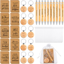 Fulmoon 50 Sets of Inspirational Kraft Notebook Gifts Includes Mini Pocket Journal Retractable Bamboo Pen Keychain Organza Gift Bag Motivation Favor Appreciation Present for Teacher Employee Coworker