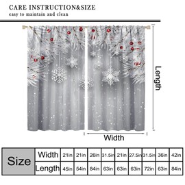 Winter Snowflake Curtains, Silver White Fir Branches Christmas Tree Red Berries Snow Print Window Curtains for Home Kitchen Bedroom Living Room, 42" W X 45" L, Decor