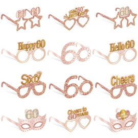 Guiruiy 24PCS 60th Birthday Paper Eyeglasses Decorations for Women, Pink Rose Gold Happy 60th Birthday Eyeglasses Party Supplies, Funny Sixty Year Old Birthday Glasses Photo Props Decor