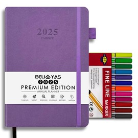 BELIAYAS 2025 A5 Diary Soft Cover with PU Leather, 12-Month Calendar (Jan.2025-Dec.2025) with 12 Colours Fineliner Pen (0.4 mm), 1 Day 1 Page, 201 Pages, Purple