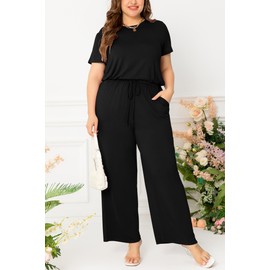 levaca Plus Size Jumpsuits for Women Wide Leg Short Sleeve Loose Rompers Black 1XL