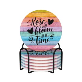 6Pcs Ceramic Coaster Set with Holder, Absorbent Drink Coasters for All Cup Types, 4 Inchs Coasters for Kitchen and Bar Decor, Ideal for Wooden and Coffee Tables