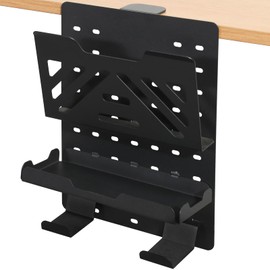 MAXECHO Desk Side Storage Holder, Metal Pegboard, Above or Under Desk Laptop Mount, Table Side Hanging File Organizer, Clamp On Cable Management Tray, Peg Board for Gaming, Office, Desk Accessories