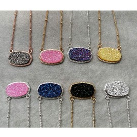 YUJIAXU Framed Etched Oval Multi Faux Druzy Glitter Statement Short Necklace (Blue Color)