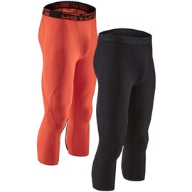 DEVOPS 2 Pack Men's 3/4 Compression Pants Athletic Leggings (Medium, Black/Orange)