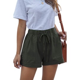 HVEPUO Womens Shorts Summer Linen Soft Elastic Waist Short Pants with Pockets Drawstring Mid High Waisted Shorts for Women Green L