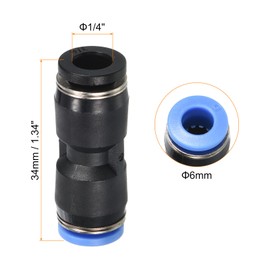 PATIKIL 1/4" to 6mm Reducing Push to Connect Air Line Fitting, 10 Pack Straight Union Reducer Pneumatic Quick Connect Fittings, Black & Blue
