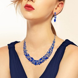 BriLove Wedding Bridal Necklace Earrings Bracelet Jewelry for Women Austrian Crystal Marquise Cluster Collar Necklace Dangle Earrings Link Bracelet Set Royal Blue Silver-Tone