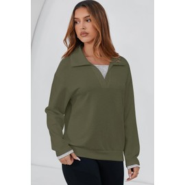 Dokotoo Womens Fall Fashion 2025 Long Sleeve Oversized Sweatshirts for Women Polo Lapel V Neck Color Block Business Casual Soft Pullover Hoodies Sweatshirt Tops Cozy Winter Clothing Green XX-Large