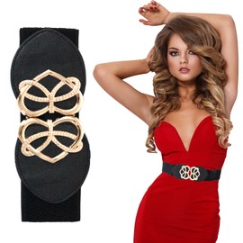 Trimming Shop Black Waist Belt Women Ladies Girls Golden Heart Shape Buckle, Stretchable Elasticated Wide Casual Belt Party Celebration Events Occasion, 60mm