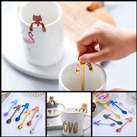 6 High Quality Cat Shaped Coffee Spoons Stainless Steel Tea Spoons Hanging Design for Cat Water Tea Milk Coffee Dessert Drink Mixed Milkshake (Golden)