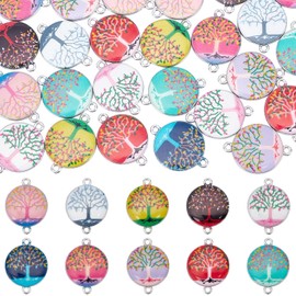 PH PandaHall 40Pcs 10 Colors Tree of Life Pendant Charms, Flower Connector Charms Tree of Life Lucky Charm Pendant Flat Round Pendants for DIY Necklace Bracelets Earring Jewelry Making