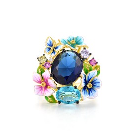 Santuzza 925 Sterling Silver Colorful Enamel Flowers Butterfly Ring Blue Glass Gold Plated Statement Ring for Women (8)