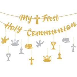 My First Holy Communion Banner, Glitter Pre-Assembled First Holy Communion Banner with 12pcs Hanging Decorations Adjustable Spacing Ideal Decorations for Religious Baptism Parties