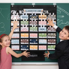 Lesnala 120Pcs Class Jobs Pocket Chart Set with Name Tags and Hook Classroom Management Educational for Back to School Bulletin Board Decorations Boho Style