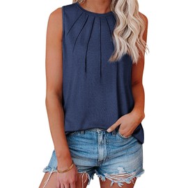 BLENCOT Womens Summer Tank Tops Pleated Round Neck Sleeveless Tops for Women Casual Flowy Tee Sail Blue Medium