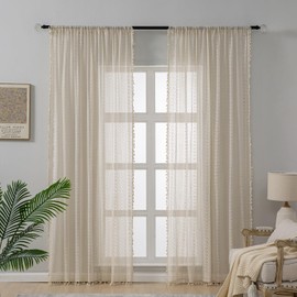 WAZZIO Boho Crochet Semi Sheer Curtains 108 Inches Long 2 Panel Sets Farmhouse Vintage Geometry Knitted Lace Beige Drapes Retro Tassel Long Curtains for Living Room Bedroom Bay 108 Inch Long Curtains