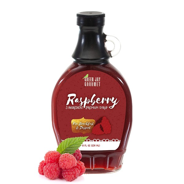 Green Jay Gourmet Raspberry Syrup - 3 Ingredient Premium Breakfast Syrup with Fresh Raspberries, Cane Sugar & Lemon Juice - All-Natural, Non-GMO Pancake Syrup, Waffle Syrup & Dessert Syrup - 8 Ounces