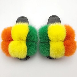2027 NEW KJ Colorful Ladies Slippers Fluffy Sexy Slippers for Women Flat Home Woman's Indoor Warm Furry ShoesColor: Orange yellow green, US Size: 7