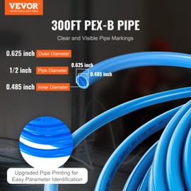 VEVOR PEX Pipe 1/2 Inch, 300 Feet Non-Oxygen Barrier PEX-B Flexible Pipe Tubing for Potable Water, for Hot/Cold Water & Easily Restore, Plumbing Applications with Free Cutter & Clamps,Blue