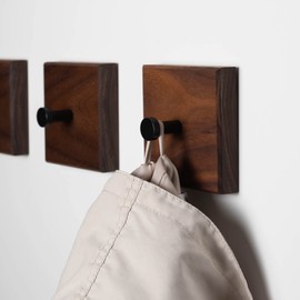 WOODS Square Wooden Coat Hooks, Handmade in Bavaria, Individually or as a Coat Rail, Towel Rail (3 Pieces, Walnut, Black Hooks)