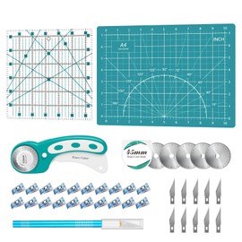 39 Pcs Rotary Cutter Set- Quilting Kit incl. 45mm Fabric Cutter with 5 Extra Blades, A4 Cutting Mat, 2 Craft Knife Set, Ideal for Crafting, Sewing, Patchworking Turquoise