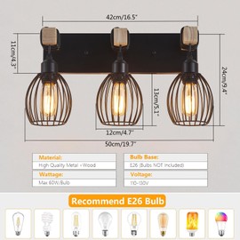 A1A9 3-Light Farmhouse Vanity Light for Bathroom, Wood Wall Sconce with Elegant Teardrop Cage, Industrial Black Vanity Lights Over Mirror for Living Room Bedroom Hallway