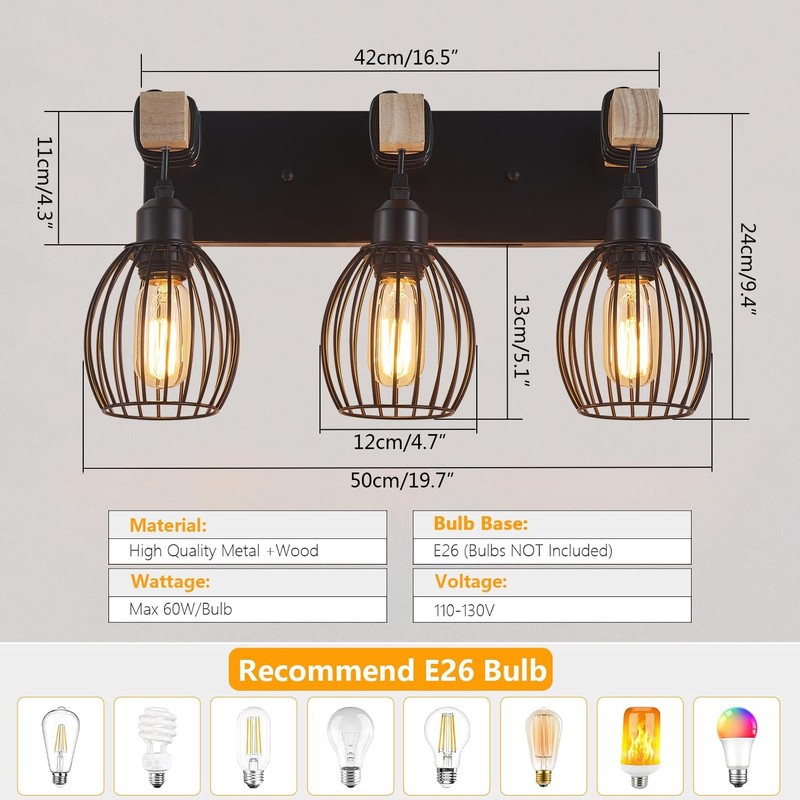 A1A9 3-Light Farmhouse Vanity Light for Bathroom, Wood Wall Sconce