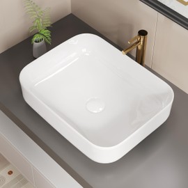 ELLAI Bathroom Vessel Sink Rectangle Above Counter Porcelain Ceramic Sink Top Mount Rectanglar Sink Countertop Sink for Bathroom 19.7"x15.2"x5.4" Glossy White with Pop Up Drain