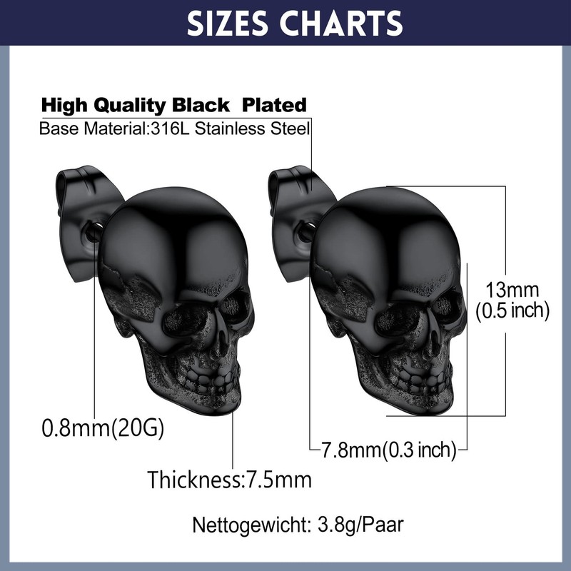 Skull Studs for Men Women Black Skull Head Stud Earrings