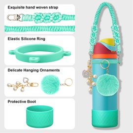 yoelike Silicone Boot Accessories for Owala Water Bottle 24 OZ, Anti-Slip Protective Sleeve Handle Strap Plush Ball Key Chain for FreeSip, Twist, and Flip Stainless Steel Water Bottles(Cyan)