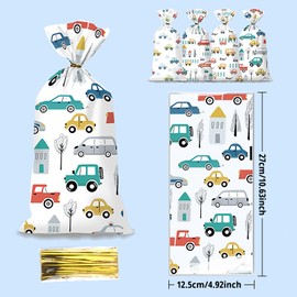 Xepeelo 50Pcs Cartoon Car Treat Bags,Cute Bus Gift Bags with Twist Ties,Back to School Candy Bag Gift Wrapping,School,Birthday Party Favor Supplies for Cookie,Candy,Snack Packing