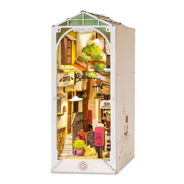 Hands Craft DIY Book Nook Kit – Sunshine Town Miniature House Dollhouse LED Lights Booknook Bookshelf Insert Laser Cut Wooden Puzzle 3D Bookends Book Stand Decor TGB02