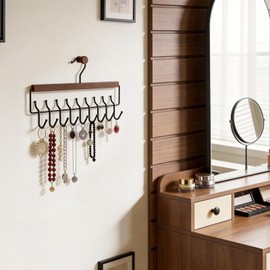 Wooden Jewelry Hanger 2-Pack, Hanging Jewelry Organizer with 16 Hooks, Tangle-Free Display for Necklace, Bracelet, Ring, Bangles, Perfect for Bathroom, Closet Door