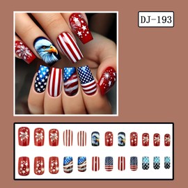 4th of July Independence Day Press on Nails Medium Square Eagle Fireworks Pattern Design Coffin Nails Stars Red White Stripes False Nail Full Cover USA Flag Artificial Acrylic Glue on Nail for Women