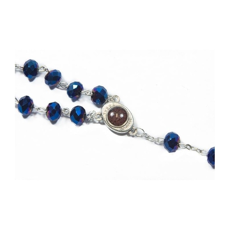 Deep Blue Crystal Beads Rosary Catholic Necklace Holy Soil Medal