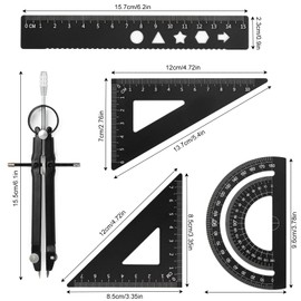 Metal Compass Geometry Set, Aluminum Alloy Protractor Set with Protractor, Rulers, Compass, Lead Refill and Eraser