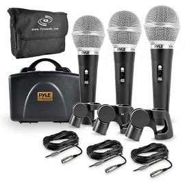 Pyle Kit de micrófono dinámico profesional de 3 piezas de micrófono cardioide unidireccional vocal, con funda de transporte duro y bolsa, soporte/clip y cable de audio XLR de 7,9 m a conexión de audio de 1/4 pulgadas (PDMICKT34)