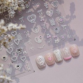 Bow Nail Art Stickers 5D Embossed Romantic Heart Nail Stickers with Rhinestones Lace Heart Charms Cute Nails Decals Summer Bow Strawberry Cherry Nails Supplies Valentines Sticker for Manicure Decor