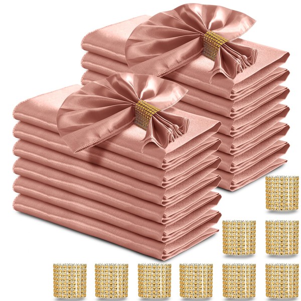 RUDONG M 100 Pcs Rose Gold Satin Napkins and Napkin Rings Set, 17 x 17 Inch Square Cloth Napkins Set of 50, Silky Soft Table Napkins Bulk for Weddings, Banquet, Parties Dinner Decoration