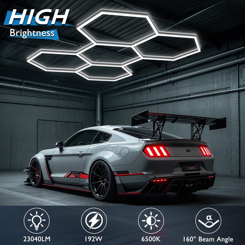 BRILLIHOOD Hexagon Garage Lights, LED Honeycomb Lights Ceiling, 192W, 23040LM,