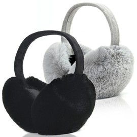 Fsmiling Women's Winter Earmuffs Faux Fur Ear Muffs Warm Fluffy Earmuffs Foldable Ear Warmer Fuzzy Ear Muffs For Cold Weather,2 Pack(Gray earmuffs,Black earmuffs)