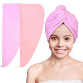 Basumee Microfiber Hair Towel Wrap for Kids 2 Pack Rapid Drying Hair Towel with Button Hair Turbans for Wet Hair Wraps Head Towel Wrap for Women and Girls