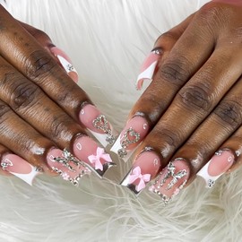 White French Tip Press on Nails Medium Length Fake Nails with Silver Butterfly Heart Rhinestones Designs Acrylic Nail Pink Bow Charm Artificial Nails Flower French Cute Stick on Nails for Women 24Pcs