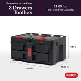 Keter Stack-n-Roll Two Drawer Tool Box for Small Parts and Power Tool Accessories, Fits Keter Modular Tool Storage System