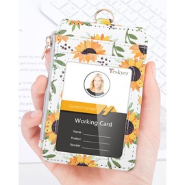 Teskyer Retractable Sunflower Lanyard with Card Holder, Badge Holder with Zipper Pocket, Holds 4 Cards, with Clear Window, PU Leather, Vertical, Sunflower